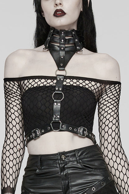Black Buckle Ring Faux Leather Women's Steampunk Adjustable Choker Harness