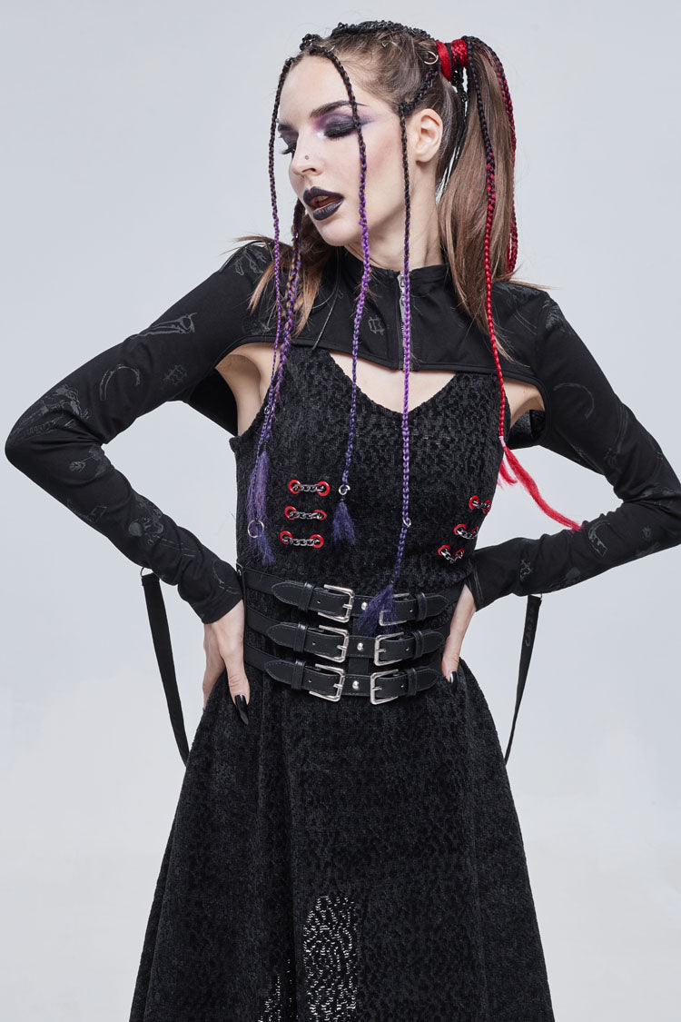 Black Bone Printed Strappy Zipper Women's Gothic Cape