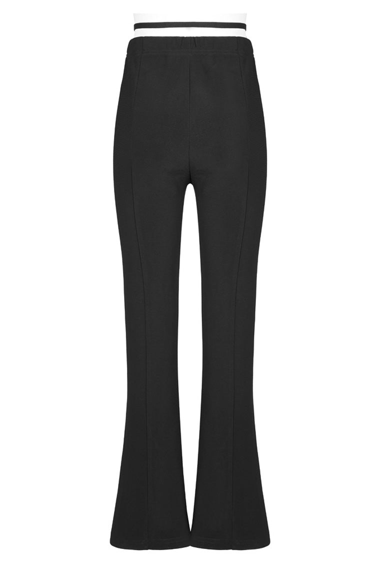 Black Hollow V-Shaped Decorative Bottom Slit Strap Micro Flare Women's Punk Pants