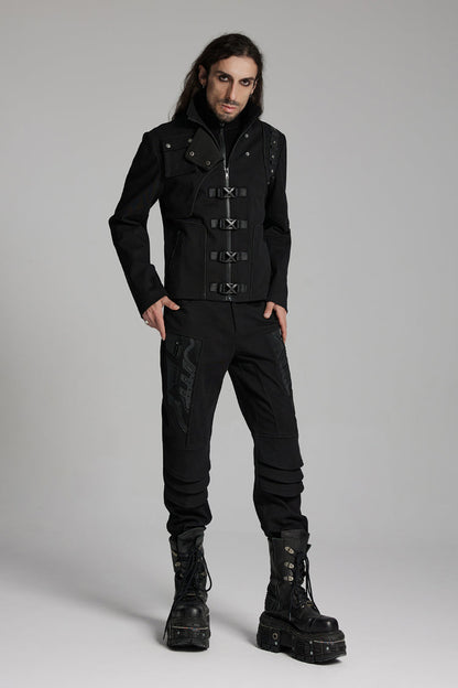 Black Buckle-up Rivets Long Sleeves Men's Punk Jacket