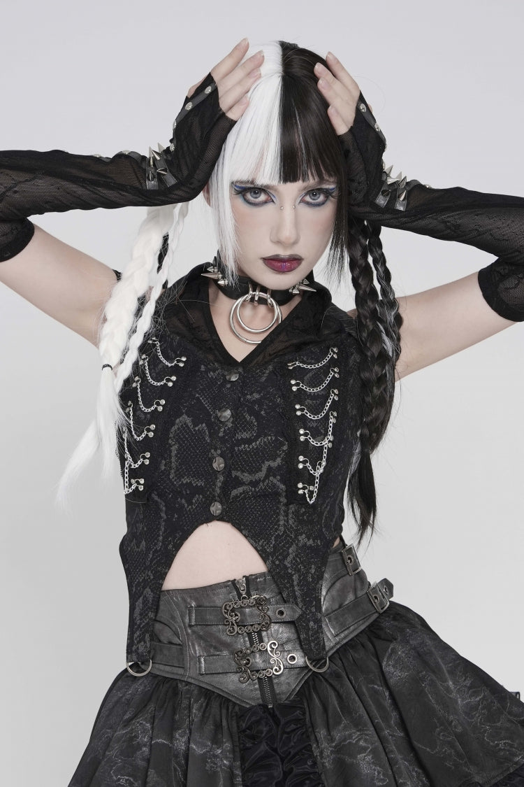 Black Off Shoulder Lace-Up Irregular Chain-Decorated Women's Punk Vest