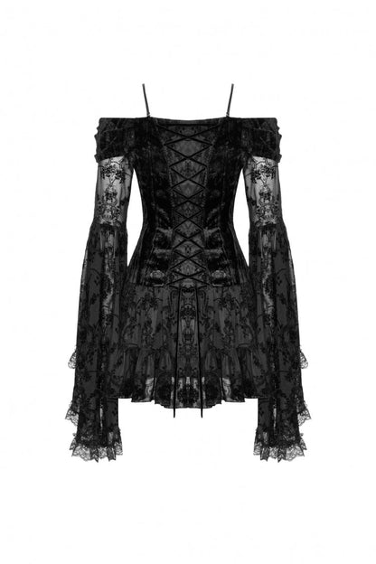 Black Off Shoulder Long Trumpet Sleeves Velvet Spliced Mesh Women's Gothic Graduation Dress