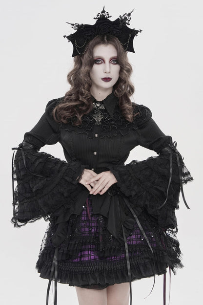 Black Lapel Collar Long Trumpet Sleeves Lace Lace-Up Women's Gothic Blouse