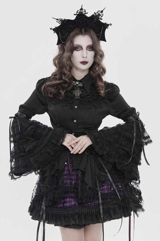 Black Lapel Collar Long Trumpet Sleeves Lace Lace-Up Women's Gothic Blouse