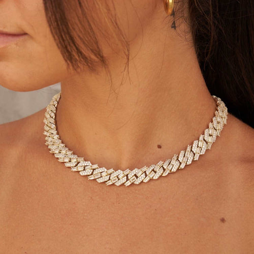 12mm Mixed Stone Diamond Cuban Necklace - Yellow Gold