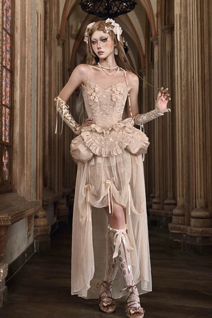 Apricot V Collar Sleeveless High Waisted Ruffle Embroidery Lace Fishbone Gothic Lolita Corset Skirt Set