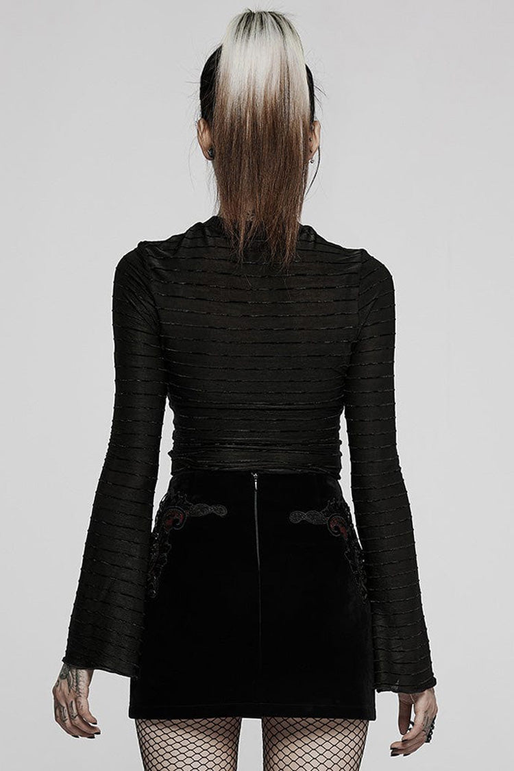 Black Gothic Velvet Striped Light Flared Sleeve Asymmetric Hem Sexy Long Sleeve Women's T-Shirt