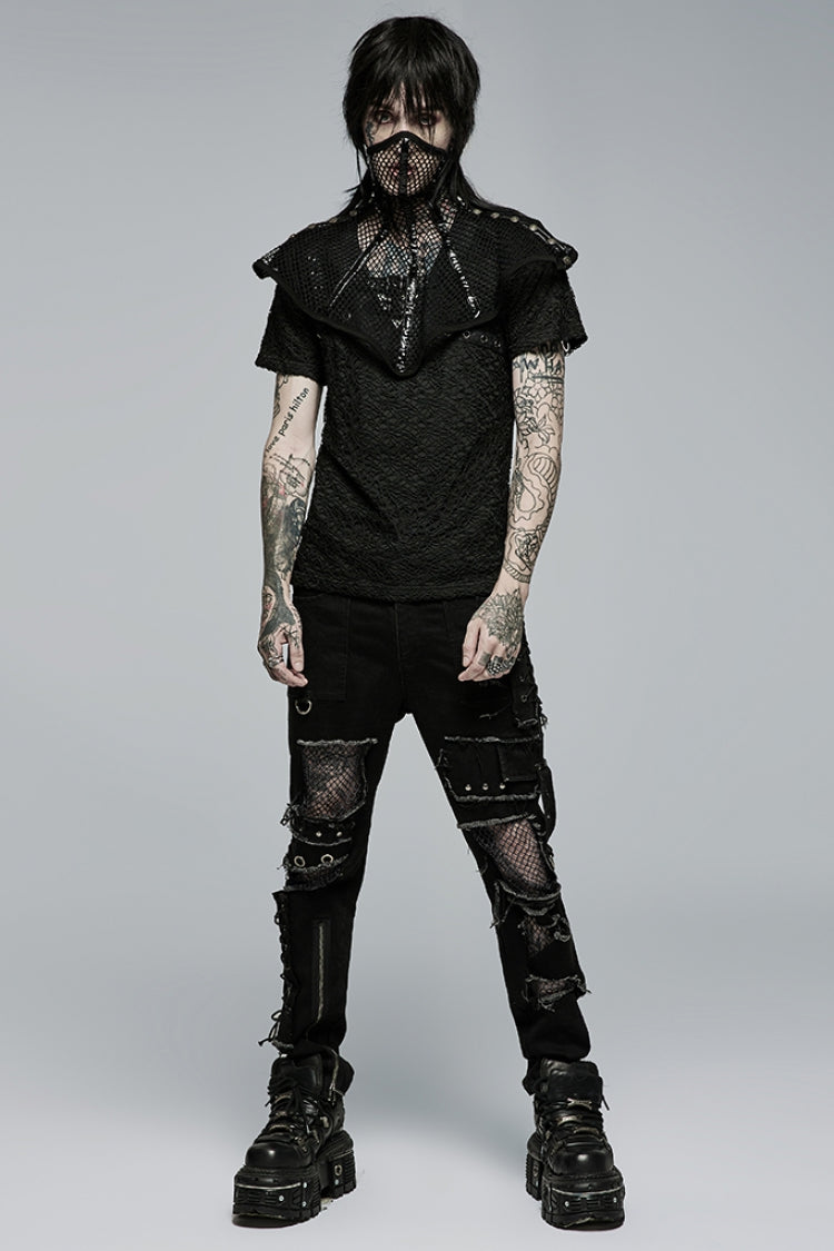 Black Hollow Lace-Up Ripped Men's Punk Pants