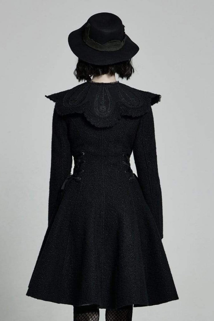 Black Fur Collar Fur Ball Decoration Long Sleeves Rose Button Womens Gothic Coat With Removable Collar