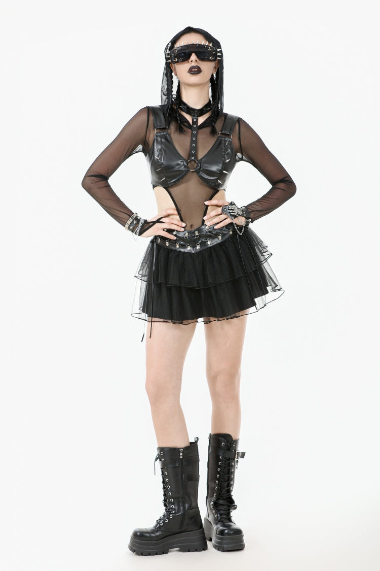 Black Multi-Layered Lace Mesh Women's Punk Short Skirt with D-Ring Ties Waist