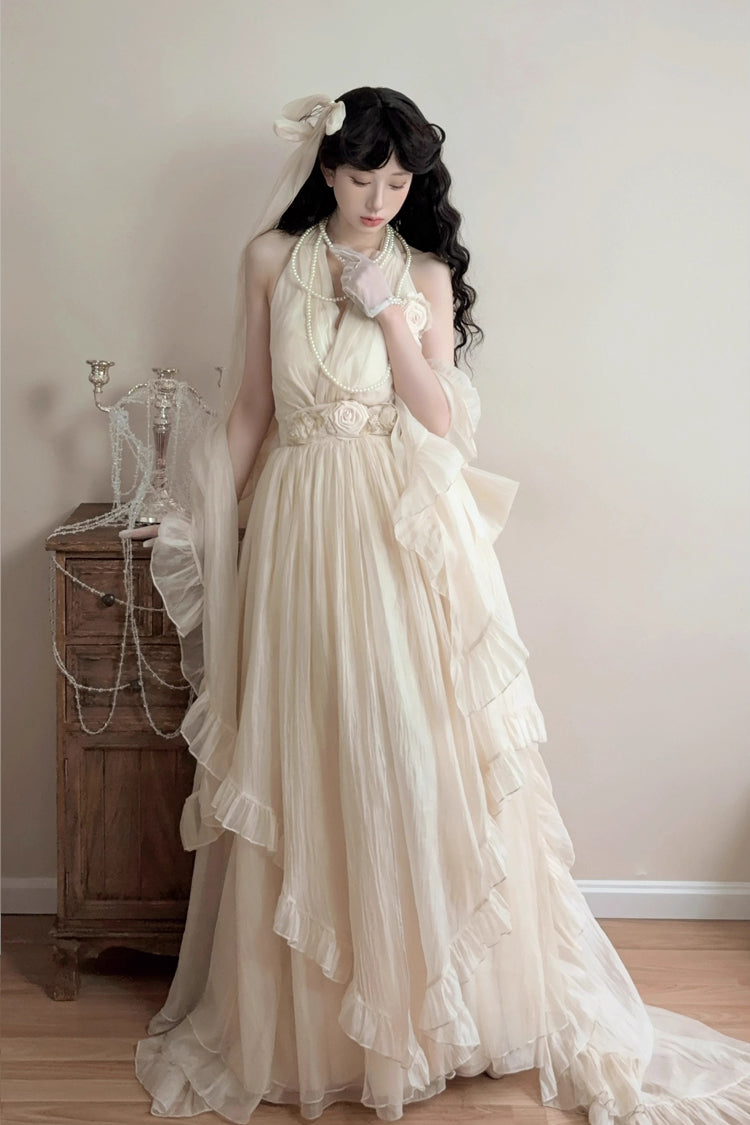 Apricot Halterneck Sleeveless Ruffle Bowknot Lace Sweet Princess Lolita Jsk Long Dress Set