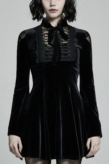 Black Long Trumpet Sleeves Hollow Lace-Up Women's Gothic Dress