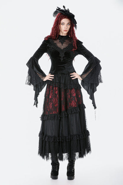 Black Multi-Layered Long Flare Sleeves Embroidered Sheer Mesh Splice Velvet Women's Gothic Top