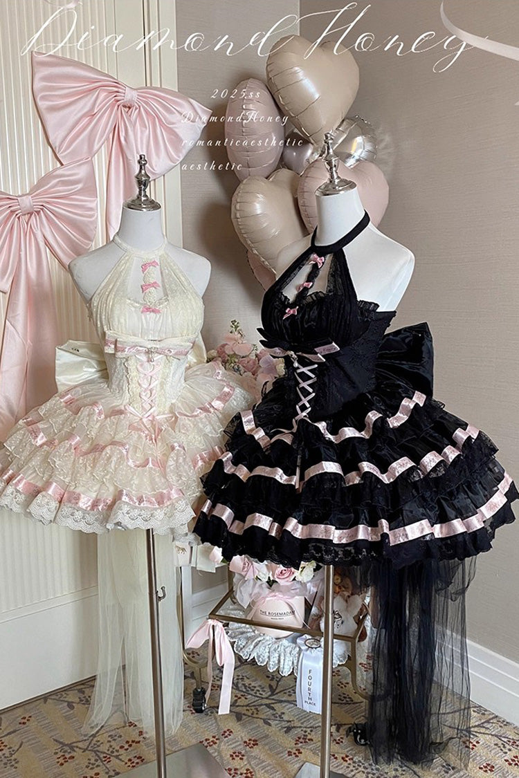 Beige [Ballet Dream] Halterneck Triple-Layered Ruffle Bowknot Lace-Up Sweet Princess Lolita Dress