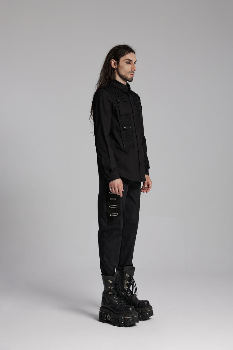 Black Lapel Collar Long Sleeves Zip Mesh Pocket Men's Punk Blouse