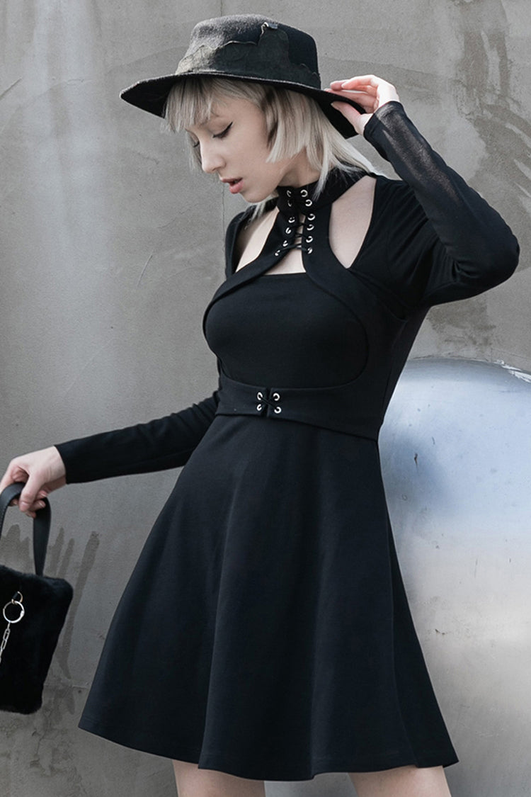 Black High Collar Front Chest Lace-Up Shoulder Hollow-Out Long Sleeve Women's Punk Dress