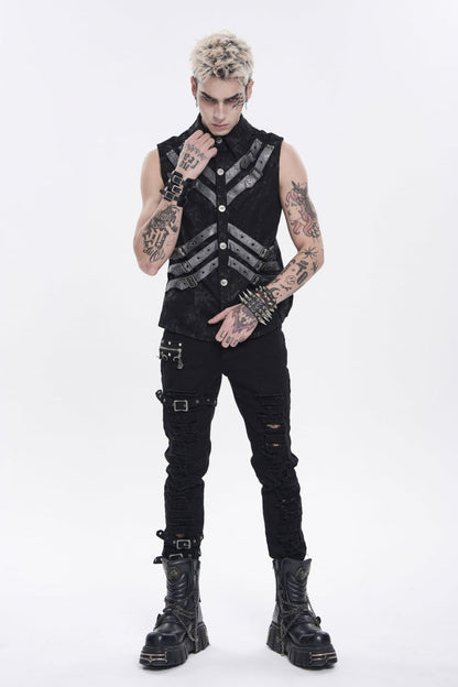Black Lapel Collar Sleeveless Multi-Layered Printed Tie-dyed Buckled Men's Punk Shirt
