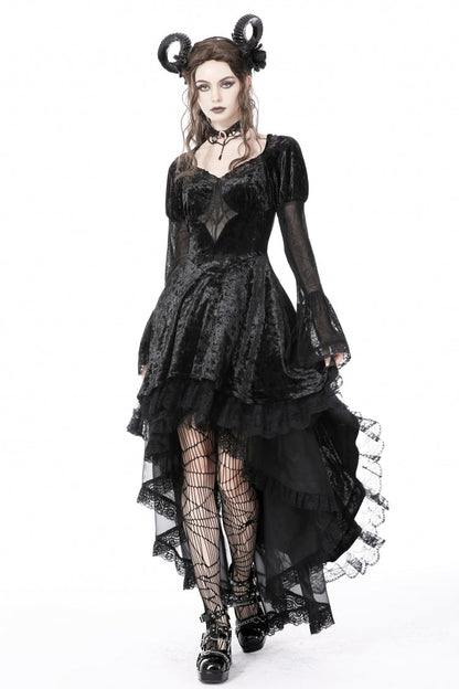 Black Long Puff Sleeves High Low Irregular Multi-Layered Lace Women's Gothic Velvet Dress
