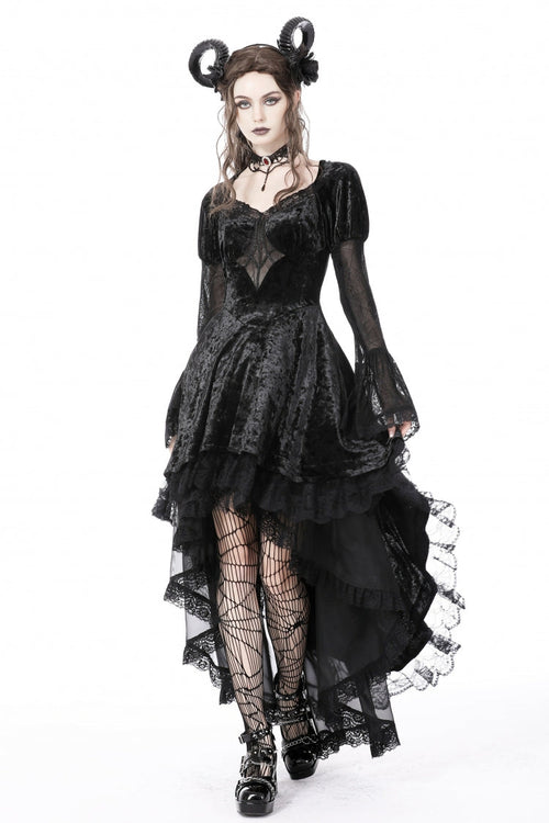 Black Long Puff Sleeves High Low Irregular Multi-Layered Lace Women's Gothic Velvet Dress