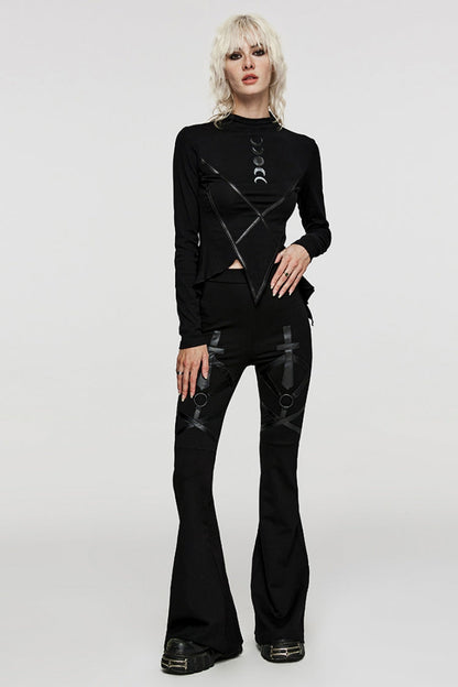 Black Cross Stitching Metal Ring Women's Steampunk Flared Pants