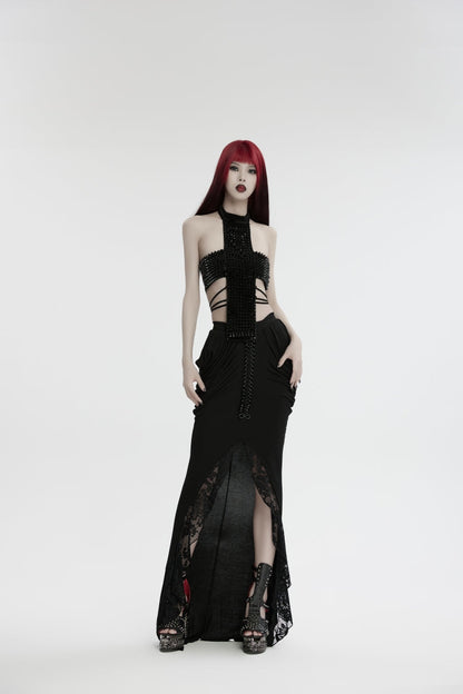 Black Off Shoulder Lace Lace-Up Slim Studded Buckled Women's Gothic Corset