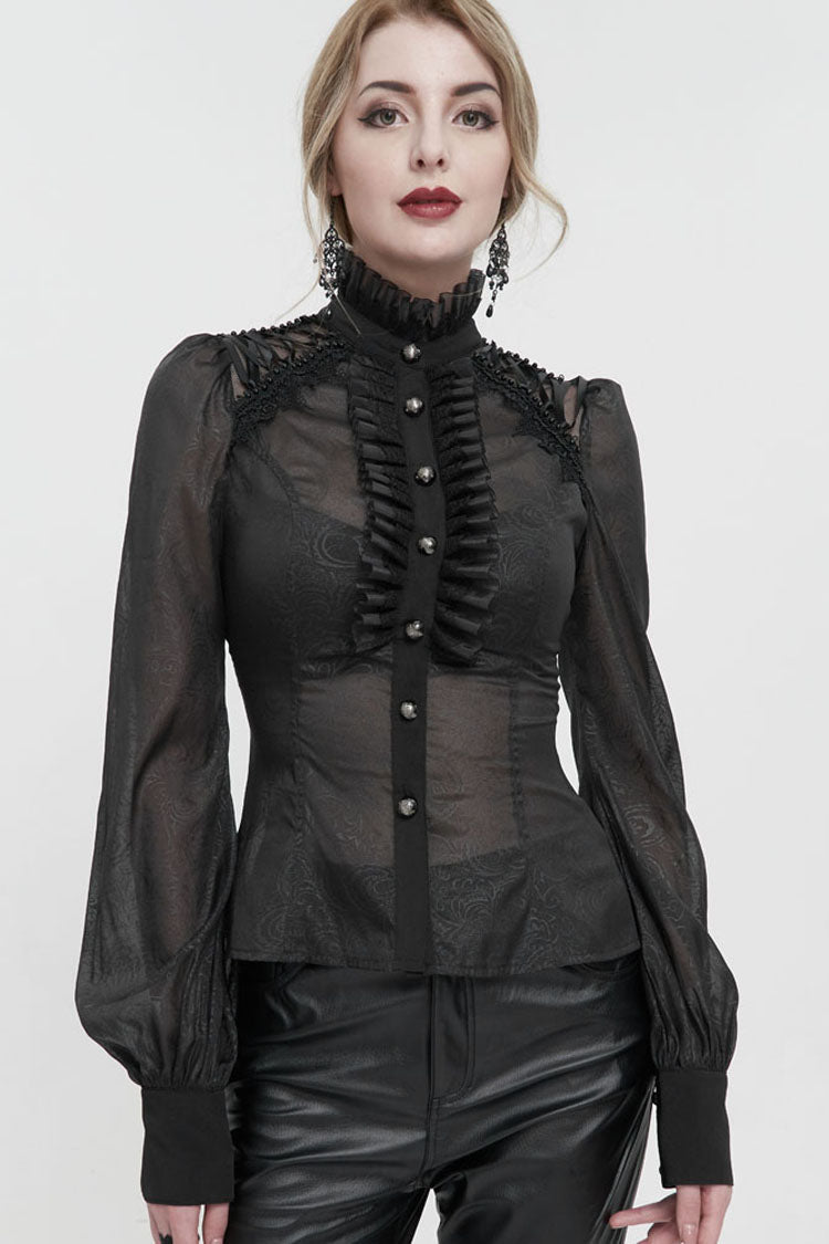 Black Long Sleeve Ruffles On Chest Shoulder Back Tie Detail See-Through Pattern Material Stand Collar Women's Gothic Shirt