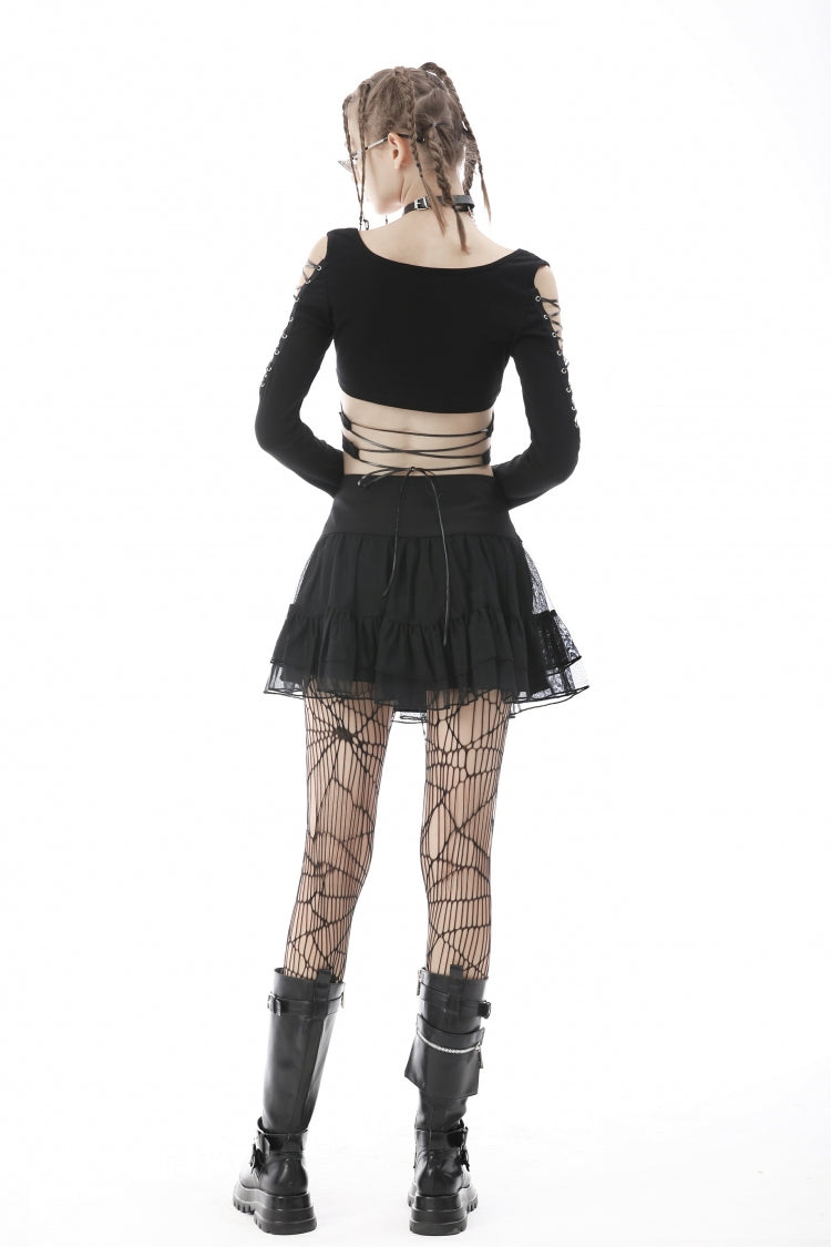 Black Long Sleeves Irregular Strappy Bat Women's Punk Crop Top