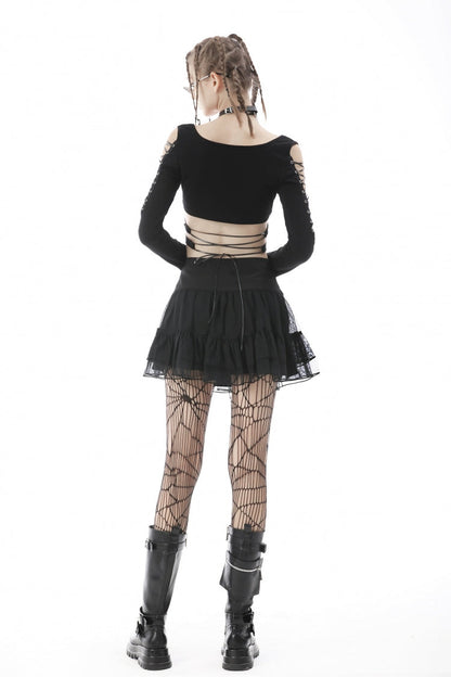 Black Long Sleeves Irregular Strappy Bat Women's Punk Crop Top