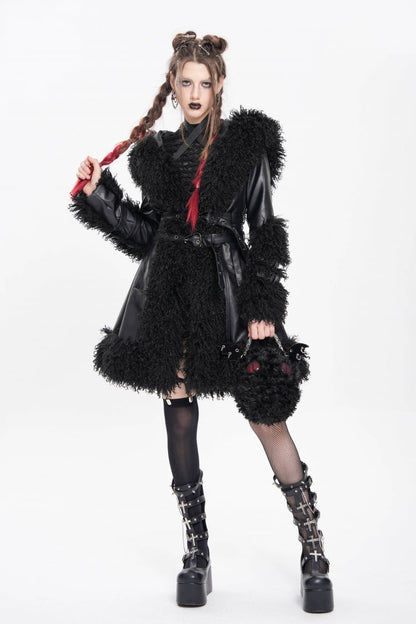 Black Long Sleeves Plush Stitching Buckle Hooded Straps Women's Punk Coat