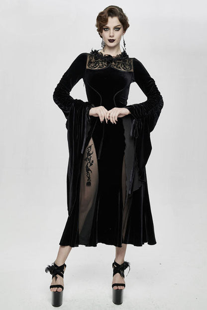 Black Flocking Pattern Trumpet Sleeve Sexy Womens Gothic Fitted Velvet Dress