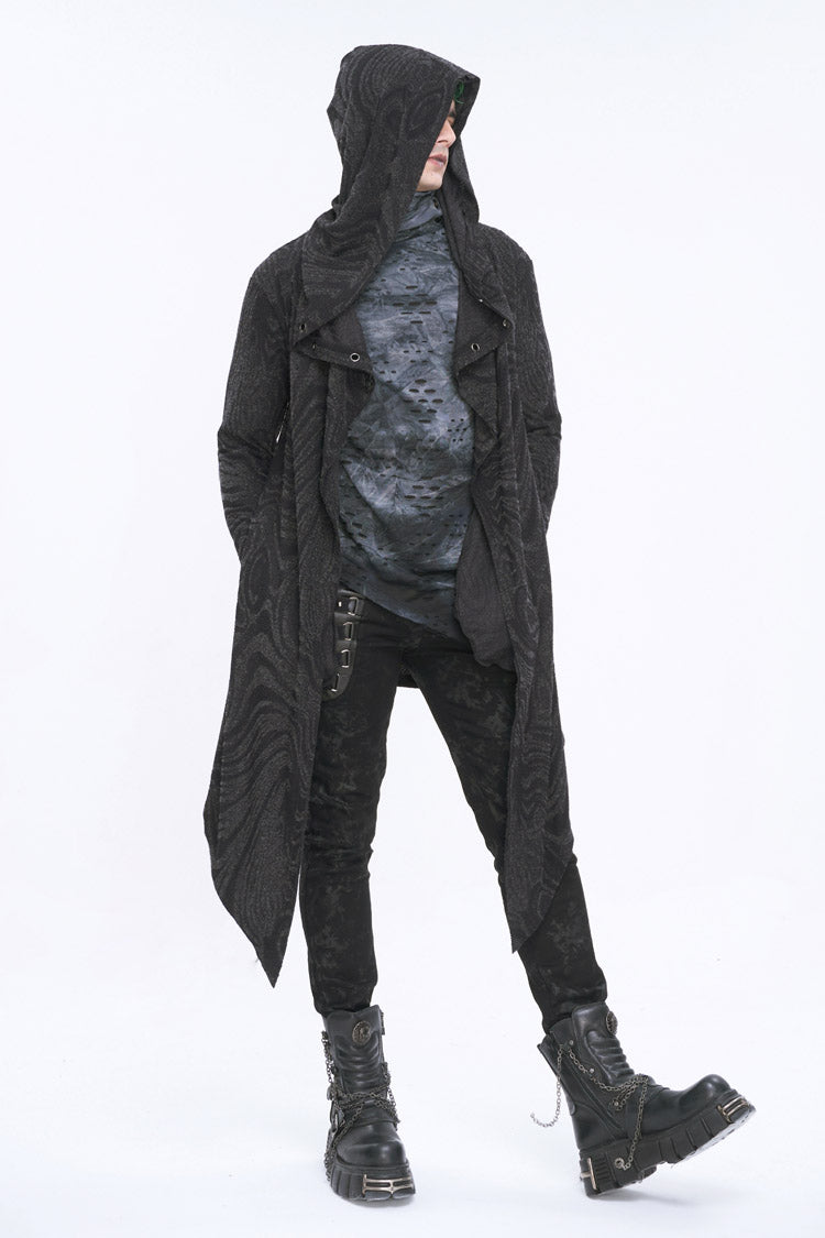 Black Lrregular Back Multi Chain Long Men's Gothic Coat With Hood
