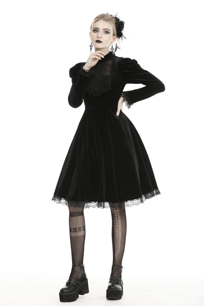 Black Lace Long Puff Sleeves Women's Gothic Velet Dress