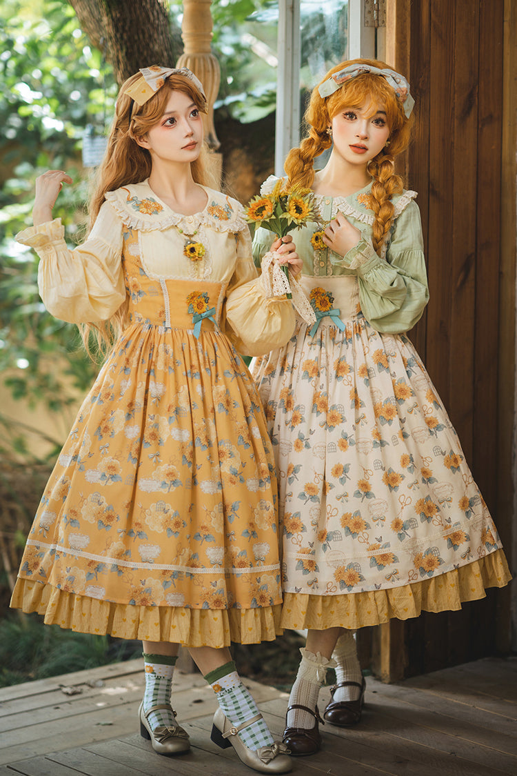 Apricot [Gardening Sunflower] Sleeveless Print Ruffle Bowknot Sweet Elegant Uplift Lolita Jsk Dress