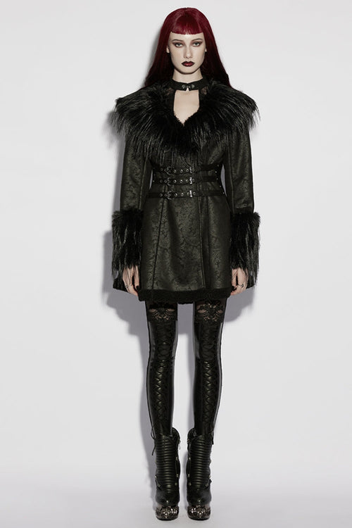 Black Plush Lapel Collar Long Sleeves Buckle Straps Women's Gothic Coat
