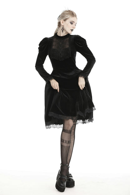 Black Lace Long Puff Sleeves Women's Gothic Velet Dress