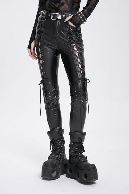 Black Lace-Up Ripped Rivet Women's Punk Pants