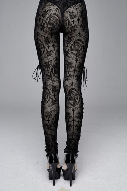 Black Flocking Printing Sexy Elastic Waistband Mesh Gothic Womens Pants