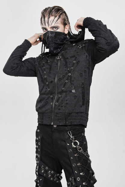 Black Long Sleeves Hexagram Print Hooded Ripped Pleated Men's Punk Coat
