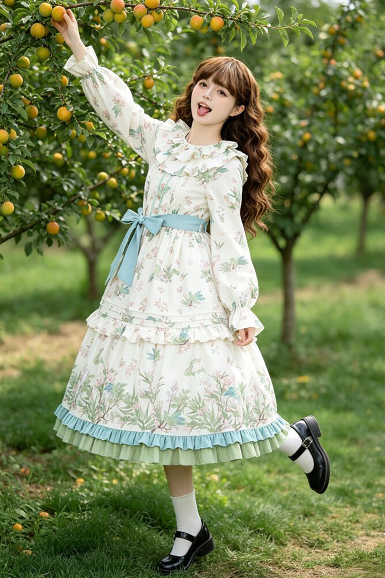 Apricot Round Collar Long Sleeves Double-Layered Floral Bird Printed Ruffled Bow Sweet Plus Size Lolita Dress