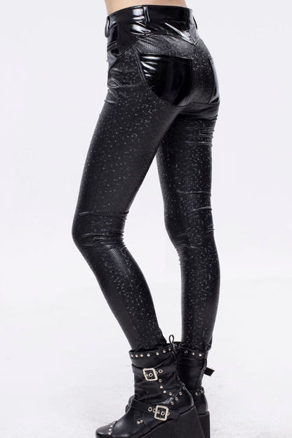 Black Gothic Hexagon Pattern Irregular Star Reflection Shiny Elasticity Leather Women's Leggings
