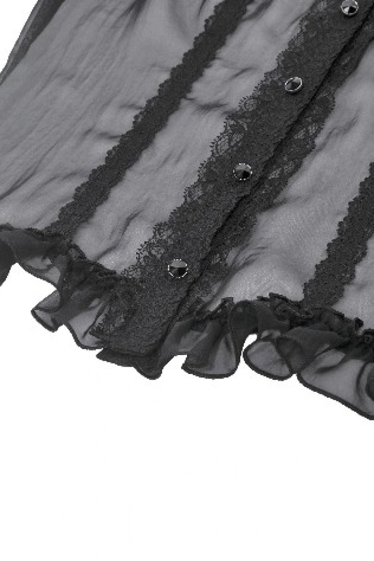 Black Multi-Layered Ruffled Lace Short Puff Sleeves Sheer Women's Courtly Gothic Blouse
