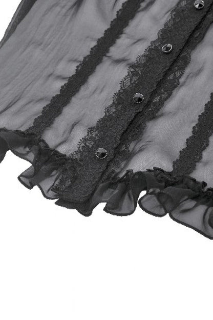 Black Multi-Layered Ruffled Lace Short Puff Sleeves Sheer Women's Courtly Gothic Blouse