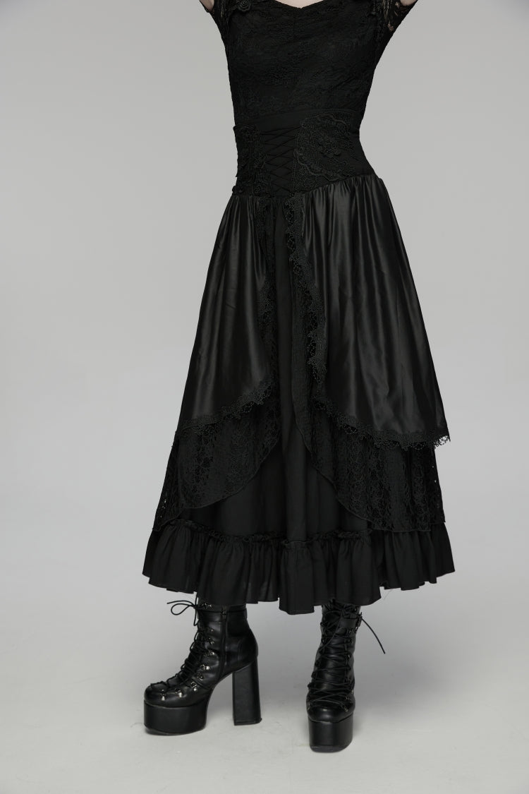 Black High Waisted Multi-Layered Floral Embroidered Lace Pleated Women's Gothic Elegant Cosplay Skirt