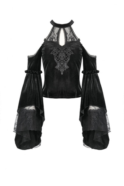 Black Off Shoulder Halterneck Long Trumpet Sleeves Cut-Out Lace Spliced Velvet Gothic Palace Top