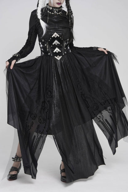 Black Multi-Layered Lace-Up Slim Irregular Asymmetric Eyelet Women's Gothic Long  Skirt