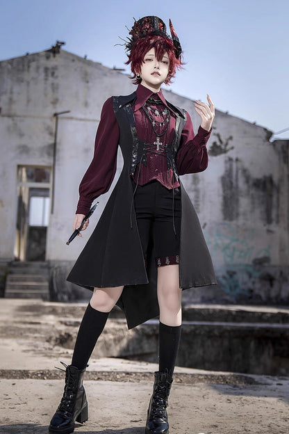 Black Lace-Up Slim Gothic Vintage Prince Ouji Lolita Long Vest