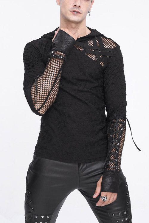 Black Lace Up Mesh Splice Long Sleeve Men's Punk Hoodies
