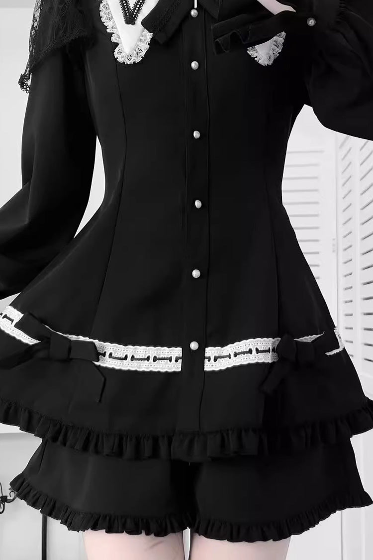 Black Long Sleeves Ruffled Bow Gothic Jirai Kei Dress Shorts