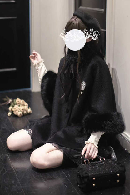 Black Long Sleeves Lace Gothic Japanese Lolita Fluffy Cloak Coat