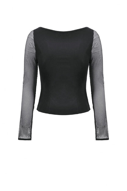 Black Mesh Spliced Long Sleeves Buckled Strap Eyelet Women's Punk Top